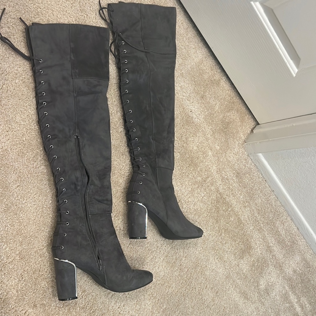 Charcoal Grey & Silver Over The Knee Boots